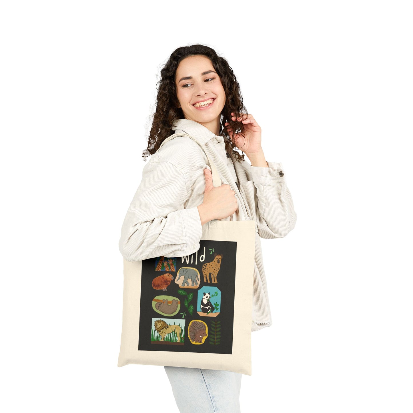 Tote Bag, Wildlife Theme With Animals, Cotton Canvas, Black or Natural, 15" x 16"