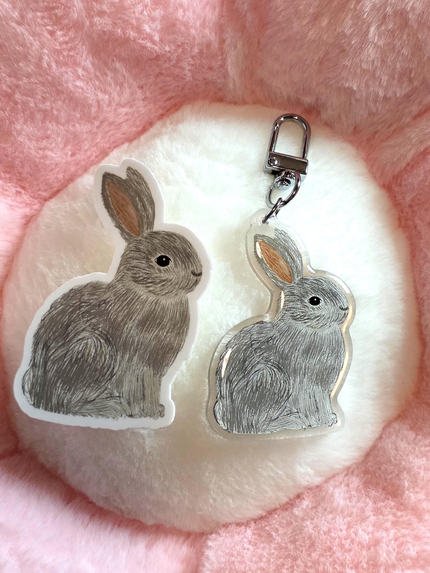 Keychain, Furry Gray Rabbit Design, Acrylic Epoxy on Silver Clasp, 2 inch