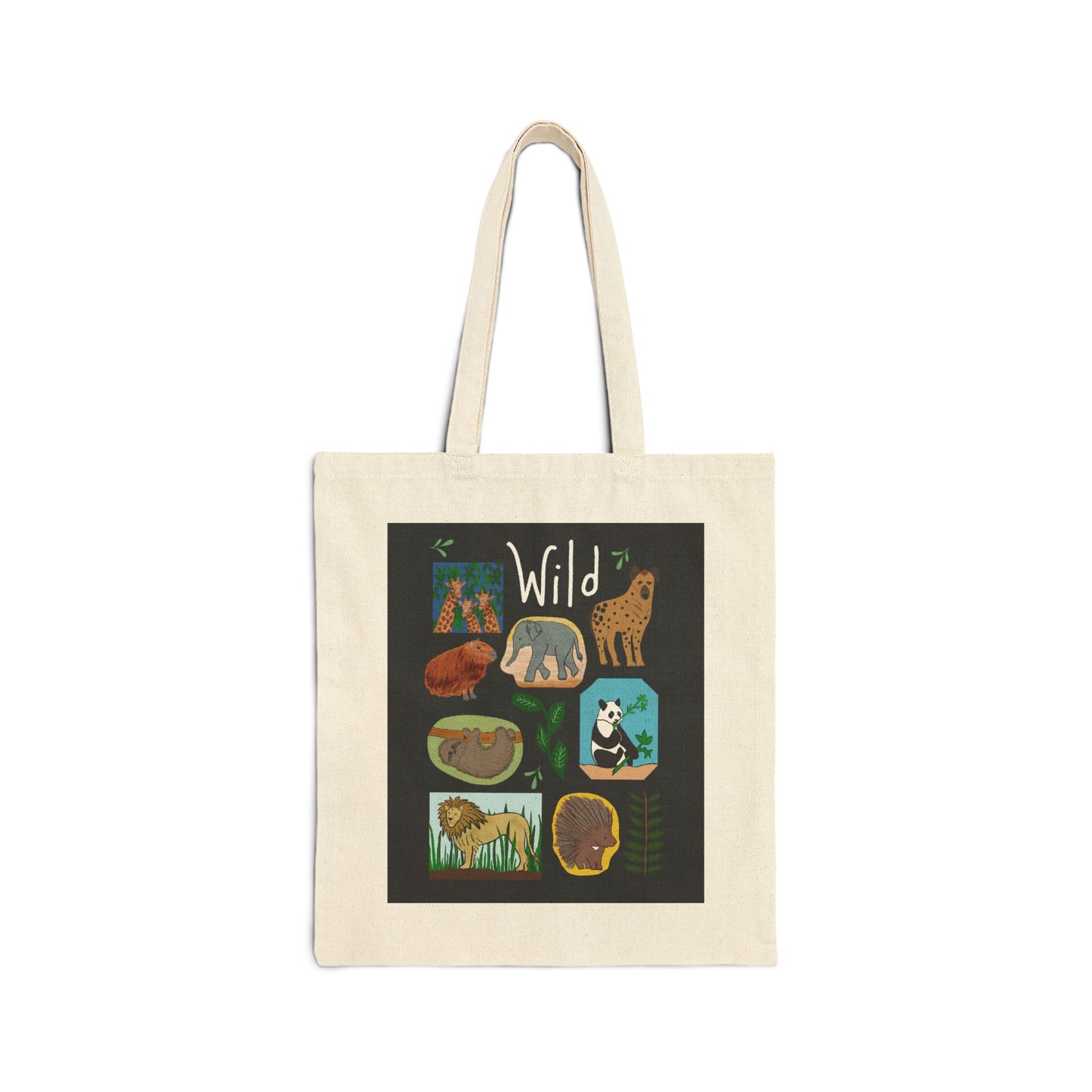 Tote Bag, Wildlife Theme With Animals, Cotton Canvas, Black or Natural, 15" x 16"