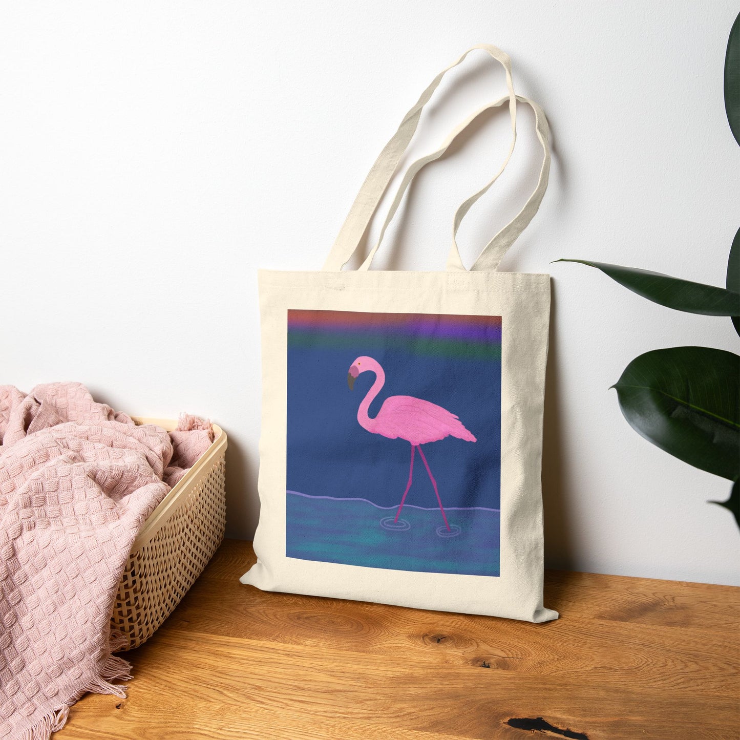Tote Bag, Flamingo Design, Cotton Canvas, Black or Natural, 15" x 16"