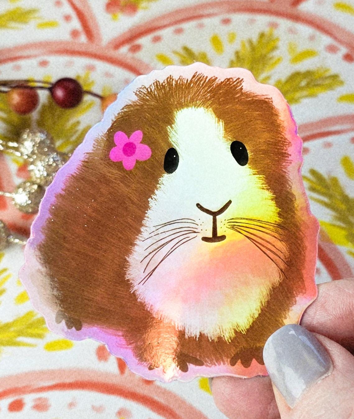 Sticker, Guinea Pig Design, Choose Holographic, White Border or Pink Border, Vinyl, Die-Cut