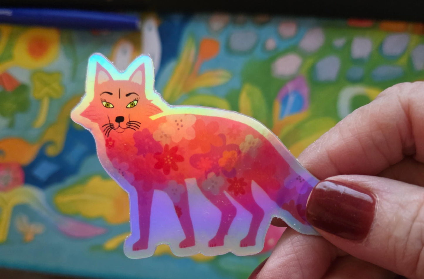 Sticker, Holographic, Pink Fox, Vinyl, Die-Cut, 3 Inch