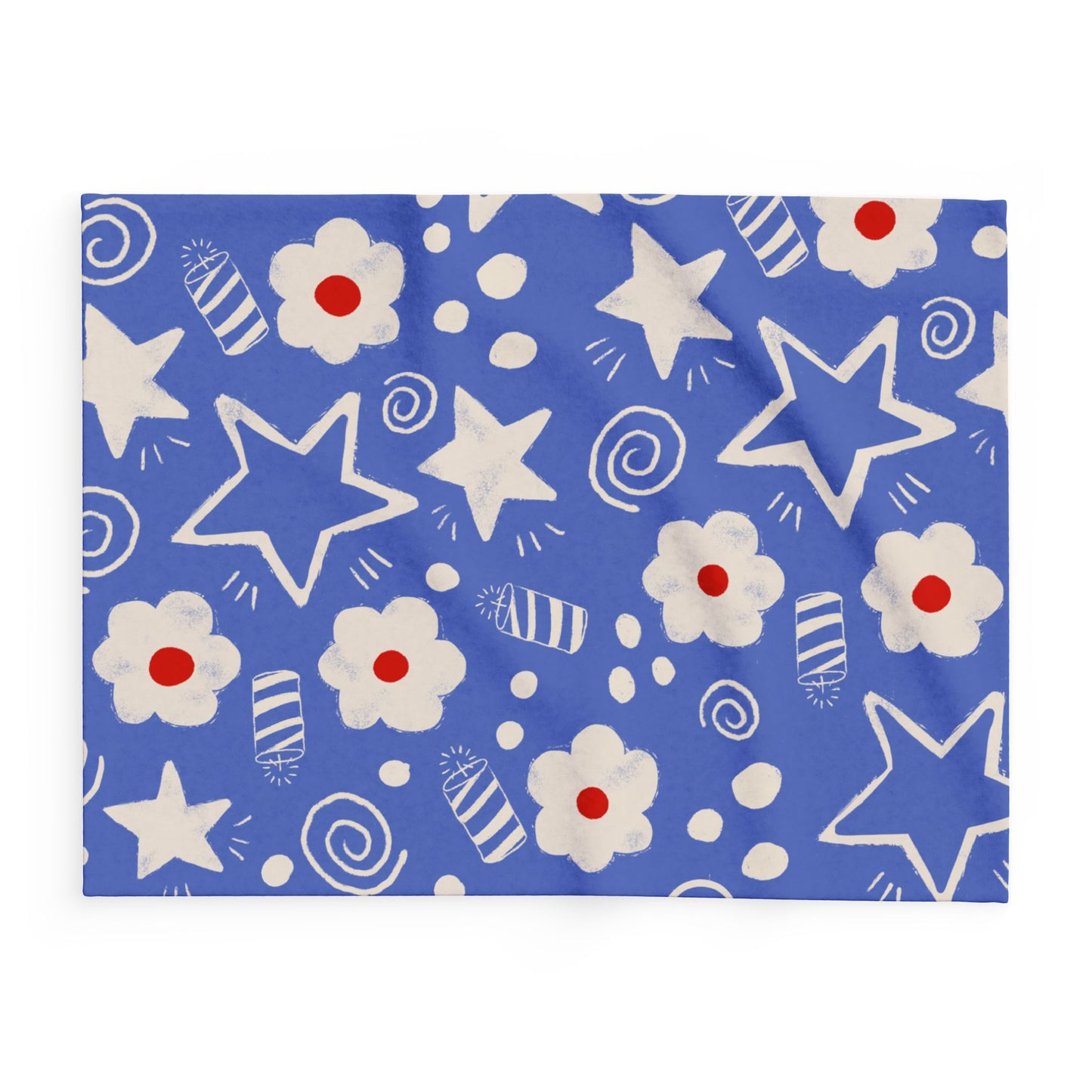 Blanket Fleece With Charming Red, White and Blue Floral and Stars Design, 2 Sizes, Blanket or Throw