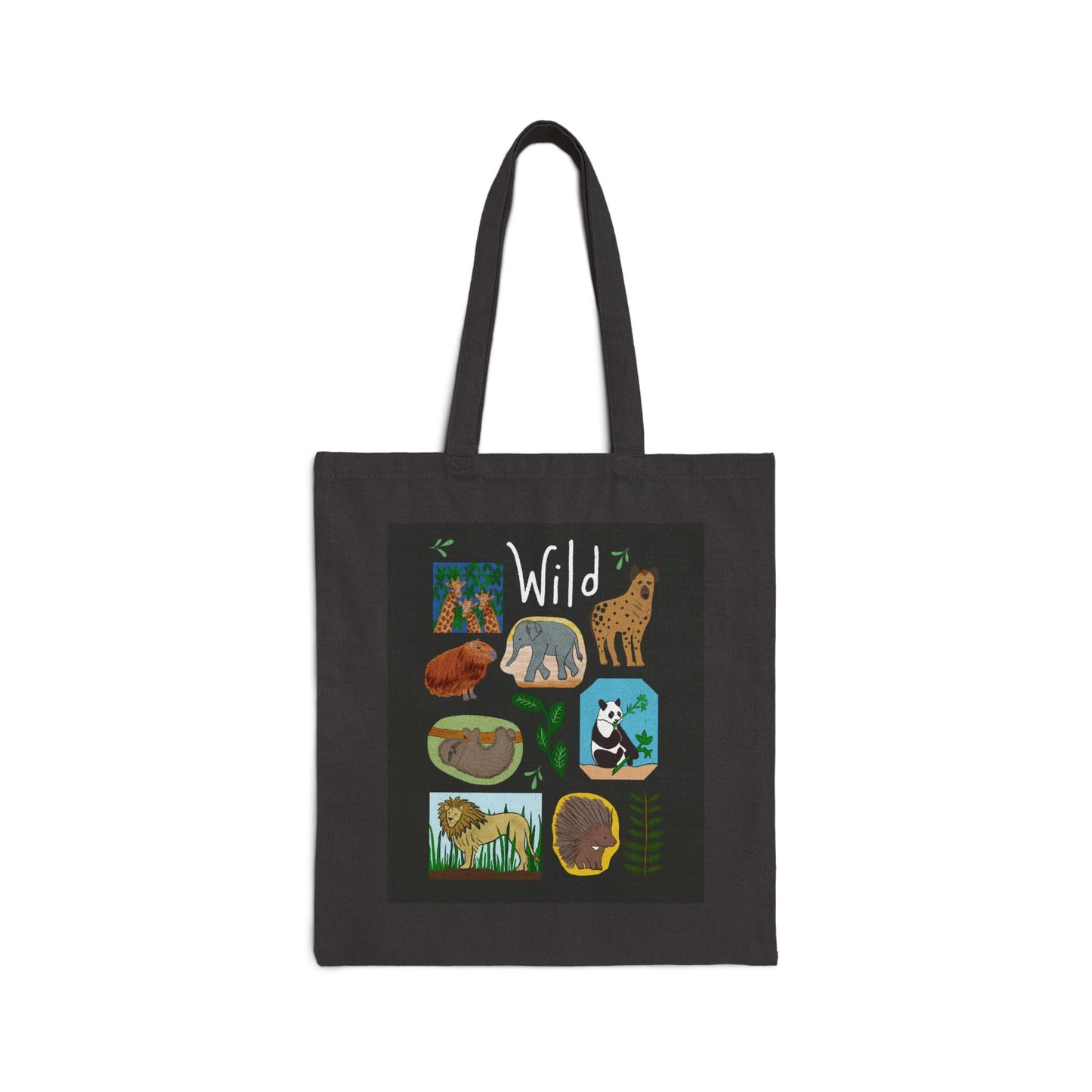 Tote Bag, Wildlife Theme With Animals, Cotton Canvas, Black or Natural, 15" x 16"
