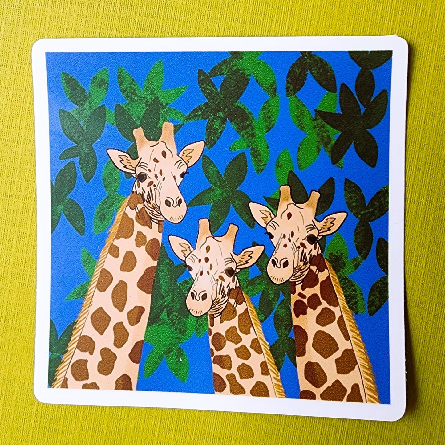 Sticker, Giraffe Trio in Leaves, Vinyl, 3 Inch Square