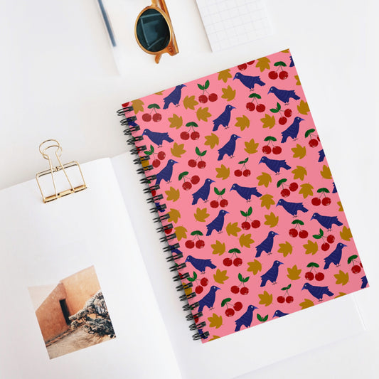 Spiral Notebook, Pink Crow and Leaves Design, 6" x 8", Inside Pocket, Lined Pages