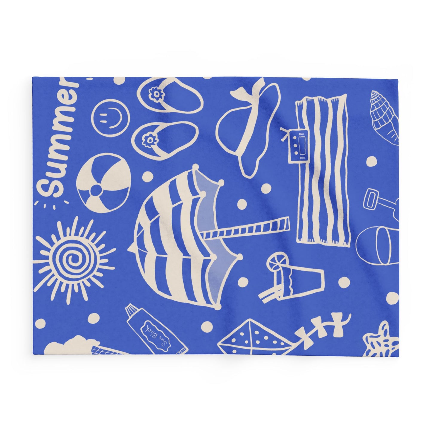 Blanket Fleece With Charming Beach Design on Blue Background, 2 Sizes, Blanket or Throw