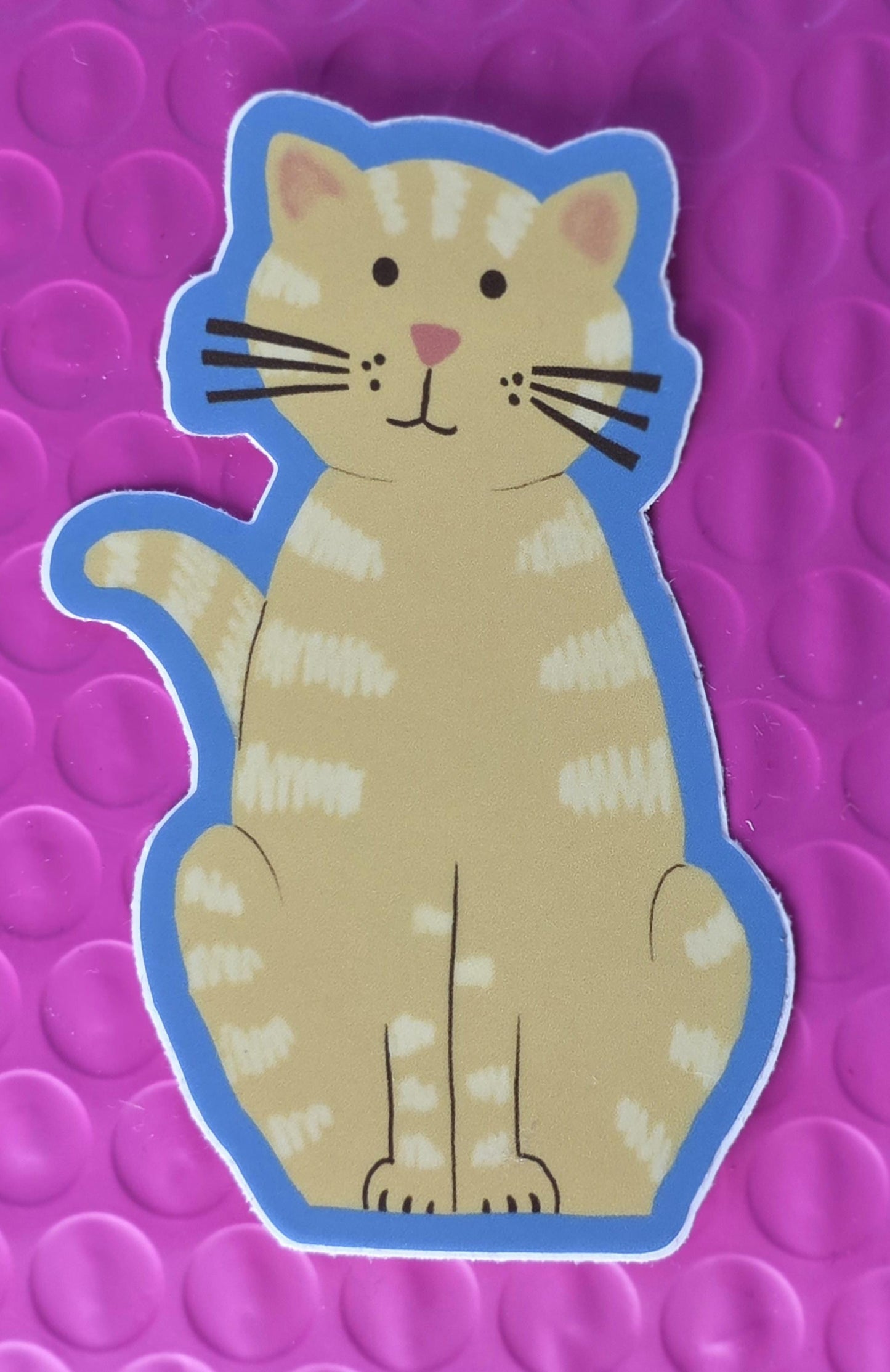 Sticker, Tan Tabby Cat With Blue Border, Vinyl, Die-Cut, 3 Inches