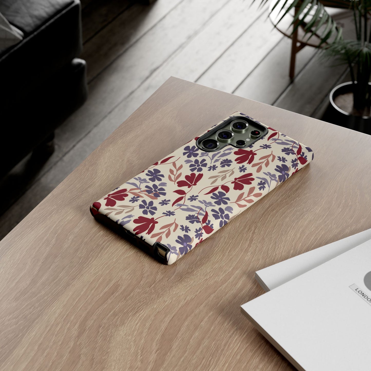 Phone Case, Floral Design Burgundy and Blue on Beige, Tough Phone Case