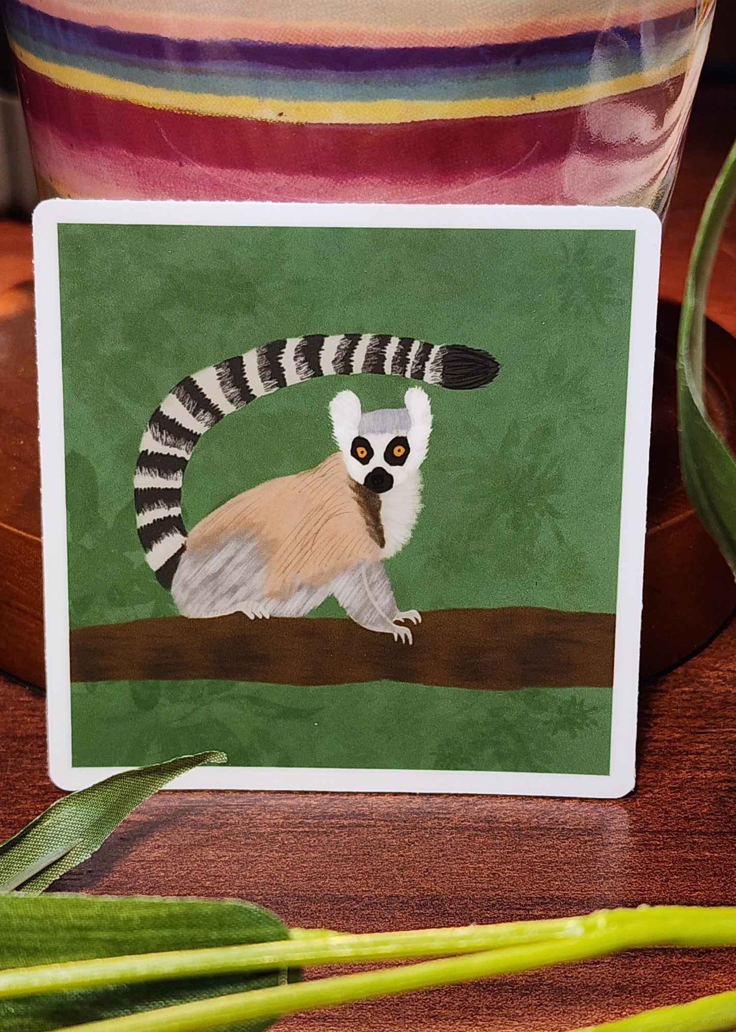 Sticker, Ring-Tailed Lemur Design on Green, Vinyl, 3 Inch Square