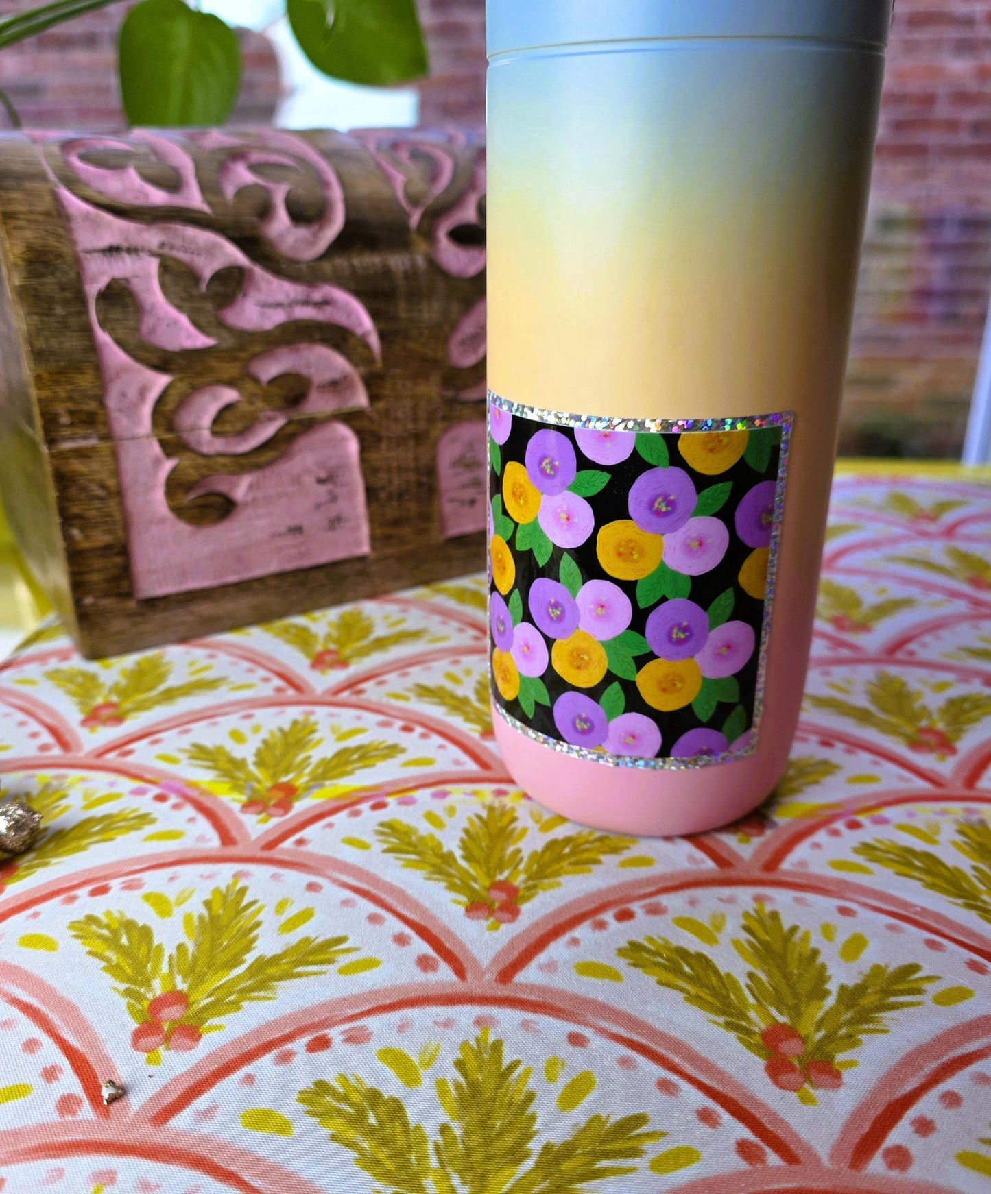 Glitter Sticker, Floral Design, Pink, Purple and Gold, Vinyl, Die-Cut, 3 Inch Square