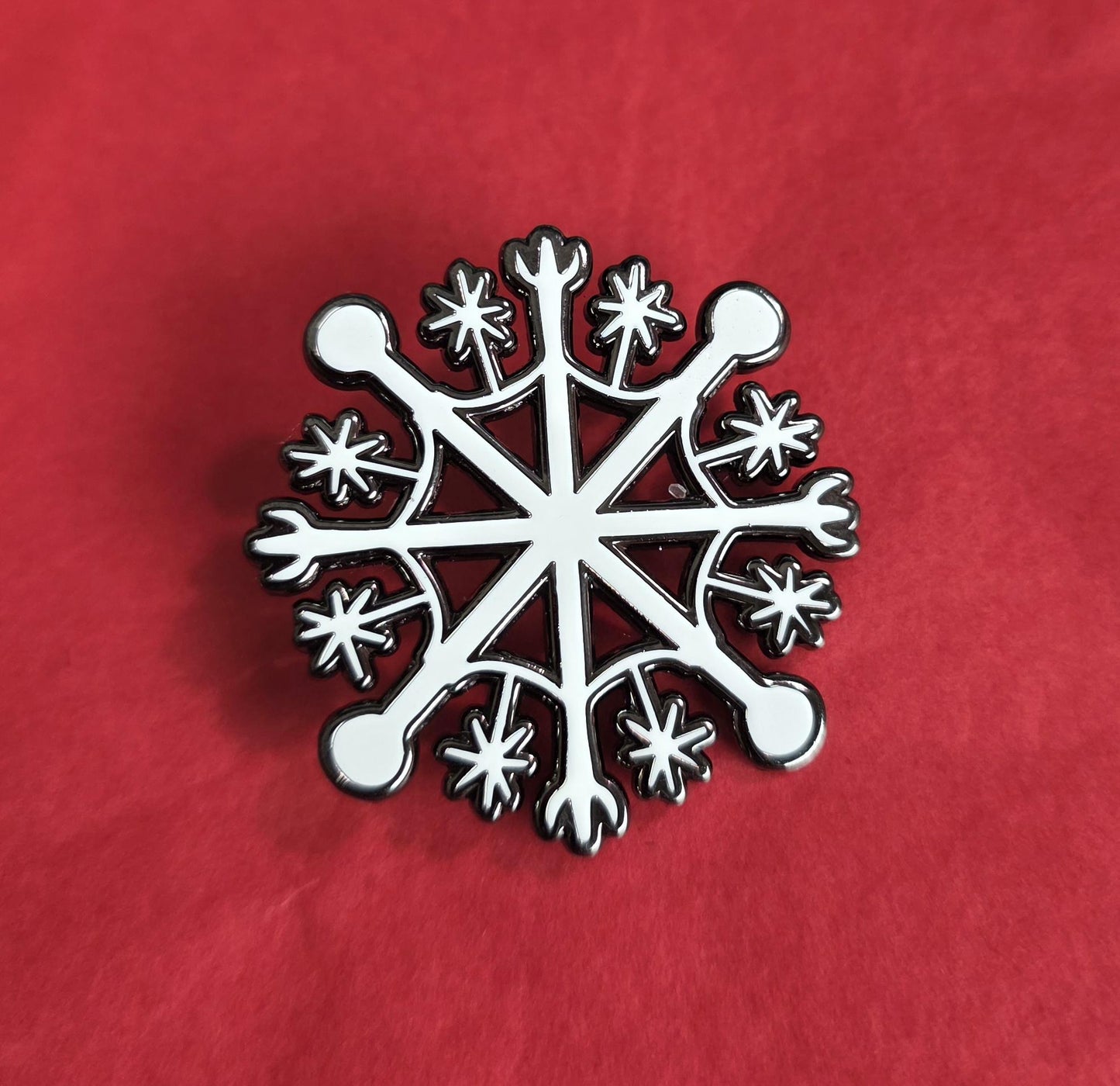 Enamel Pin, Snowflake Design, Black Nickel Background Border, 1.5 inch, 2 Clasp Back
