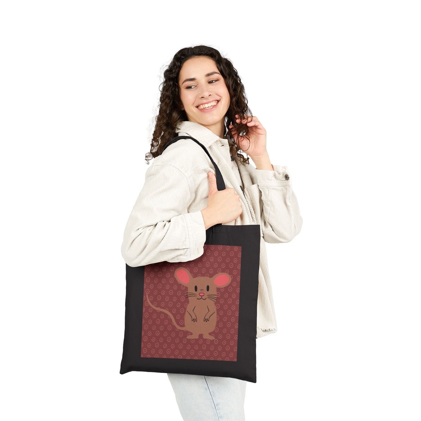 Tote Bag, Mocha Mouse Design, Cotton Canvas, Natural or Black, 15" x 16"
