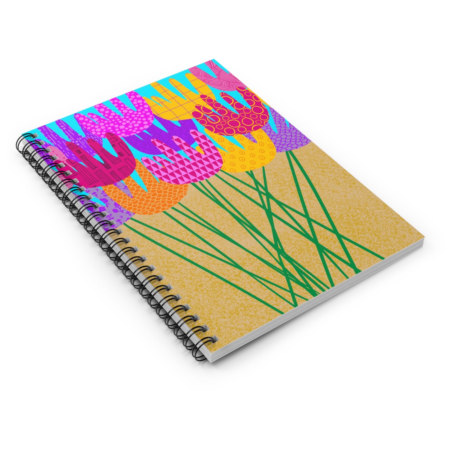 Spiral Notebook, Bright Patterned Floral Bouquet Design, 6" x 8", Inside Pocket, Line Pages