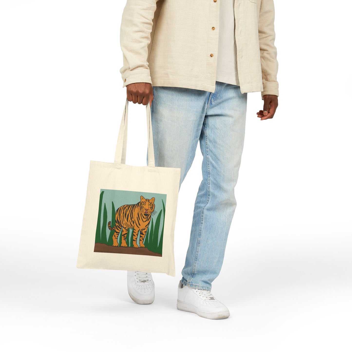 Tote Bag, Tiger in Grass Design, Cotton Canvas, Natural or Black, 15" x 16"