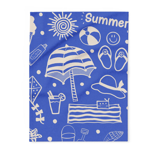Blanket Fleece With Charming Beach Design on Blue Background, 2 Sizes, Blanket or Throw