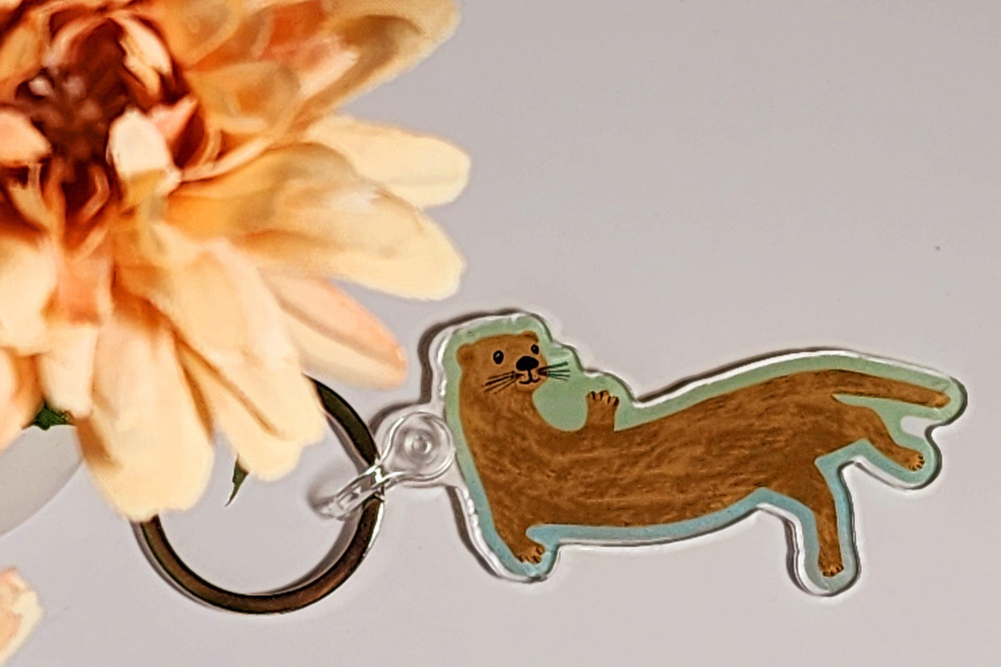 Keychain, Happy Otter Design, Acrylic With Metal Key Ring