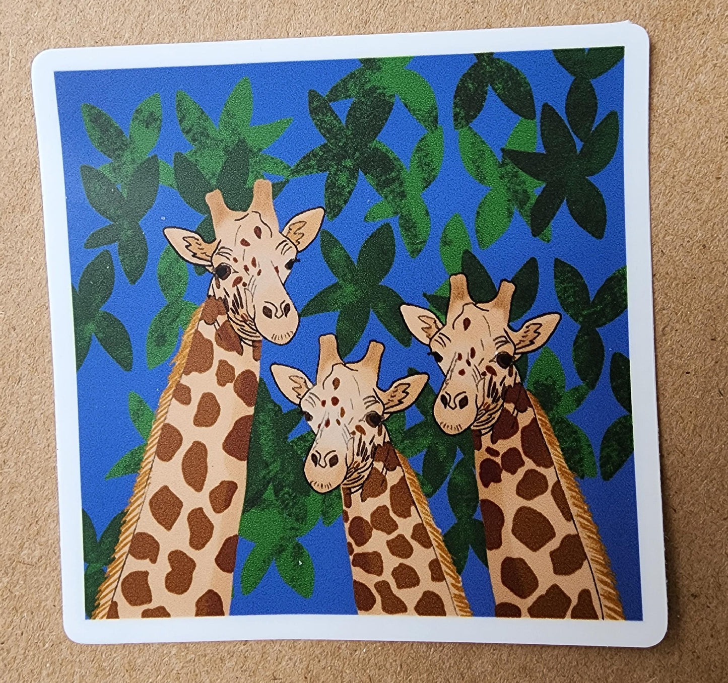 Sticker, Giraffe Trio in Leaves, Vinyl, 3 Inch Square
