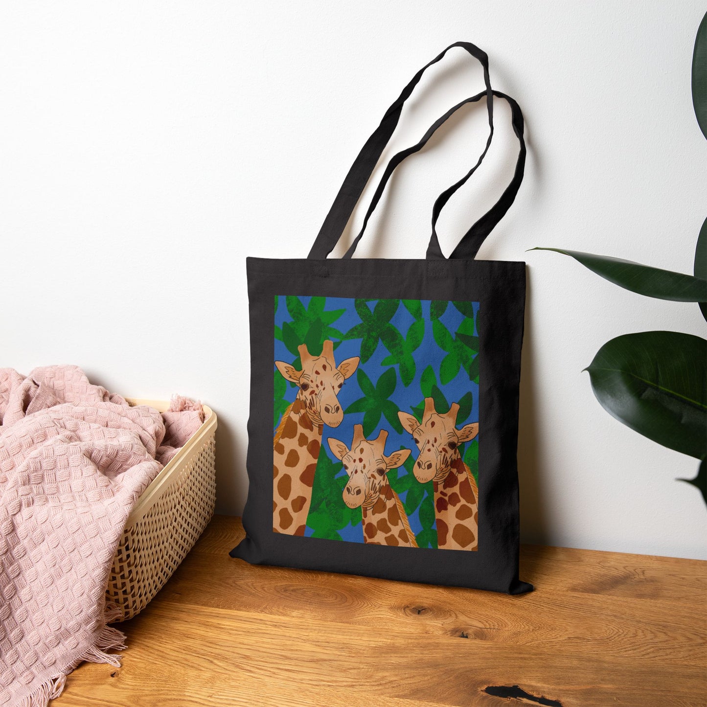 Tote Bag, Giraffe Trio on Leaves Design, Cotton Canvas, Black or Natural, 15" x 16"