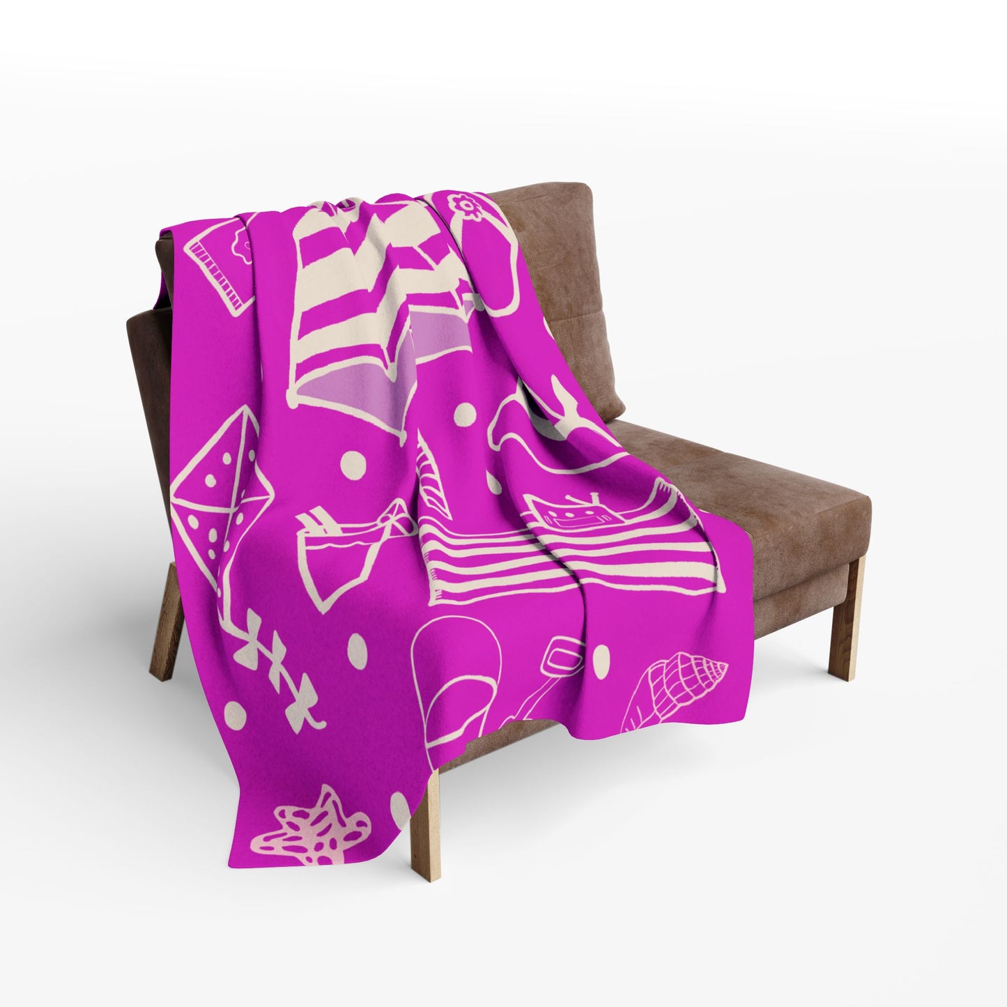 Blanket Fleece With Charming Beach Design on Hot Pink Background, 2 Sizes, Blanket or Throw