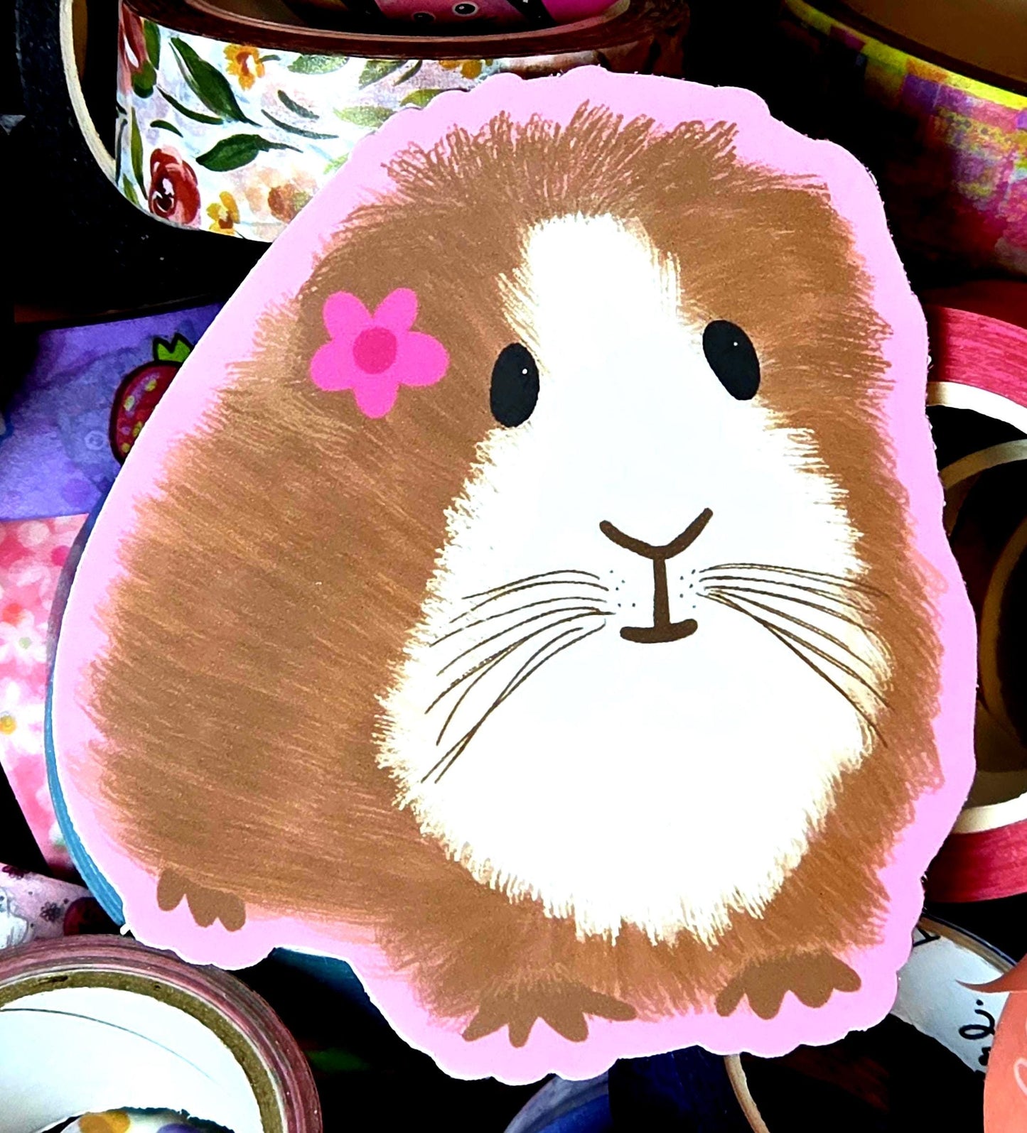 Sticker, Guinea Pig Design, Choose Holographic, White Border or Pink Border, Vinyl, Die-Cut