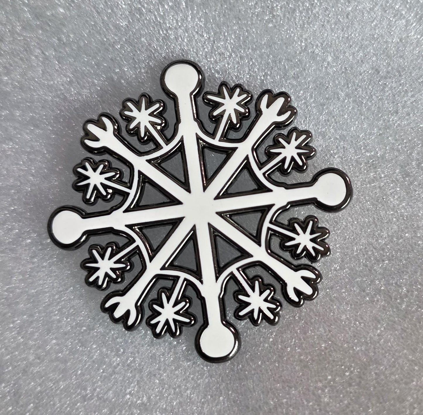 Enamel Pin, Snowflake Design, Black Nickel Background Border, 1.5 inch, 2 Clasp Back