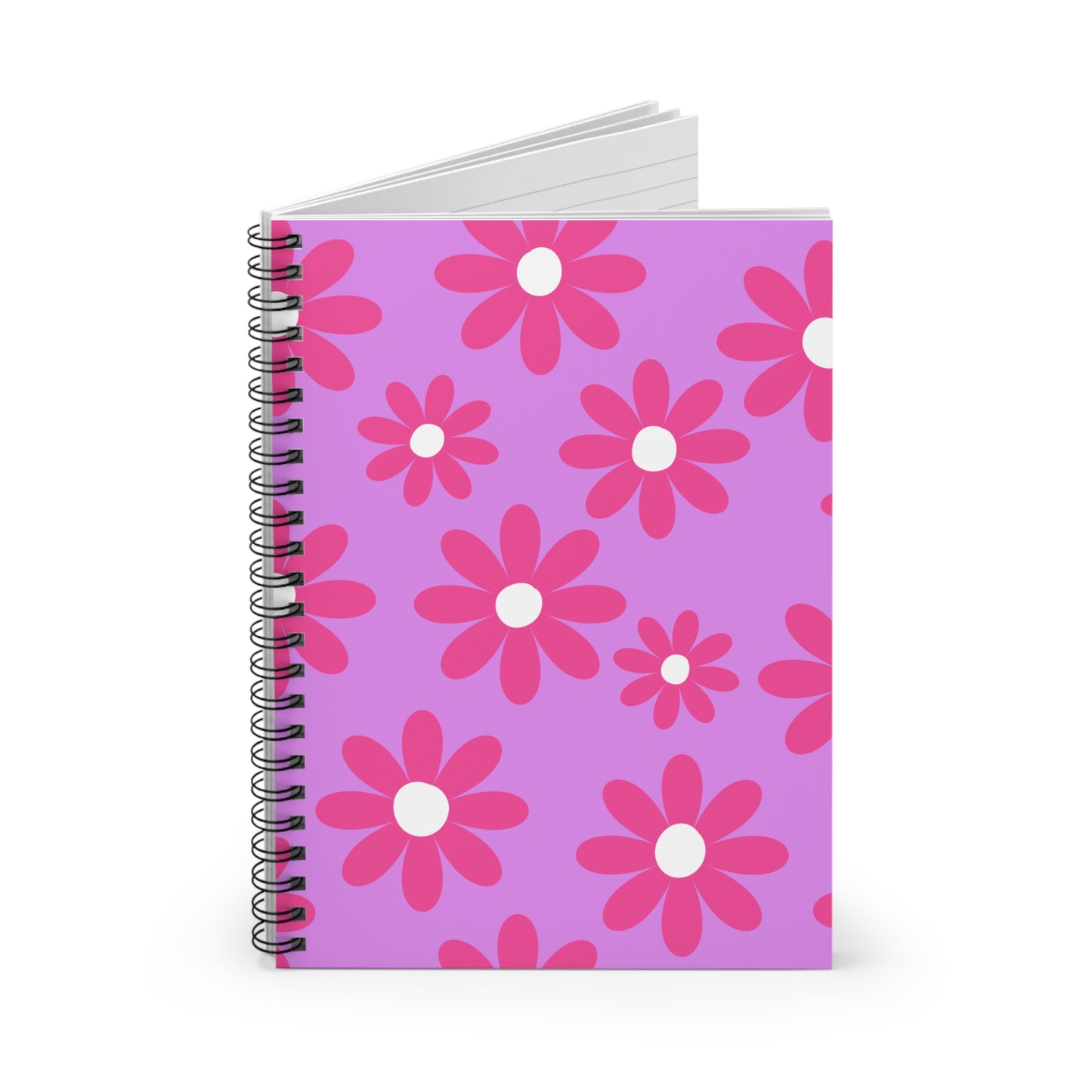 Spiral Notebook, Pink Flowers on Lavender Design, 6" x 8", Inside Pocket, Line Pages