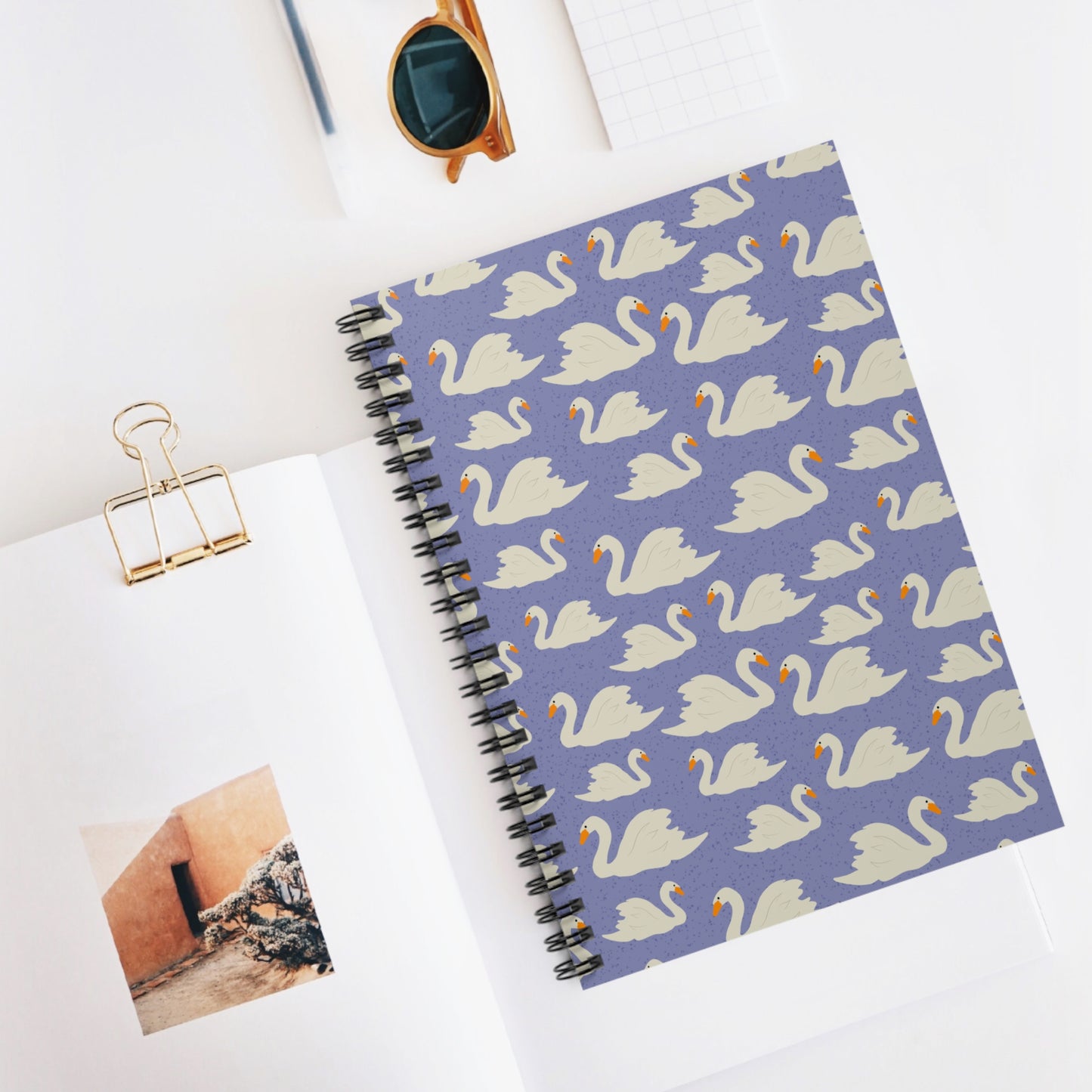 Spiral Notebook, Swans on Blue Design, 6" x 8", Inside Pocket, Lined Paper
