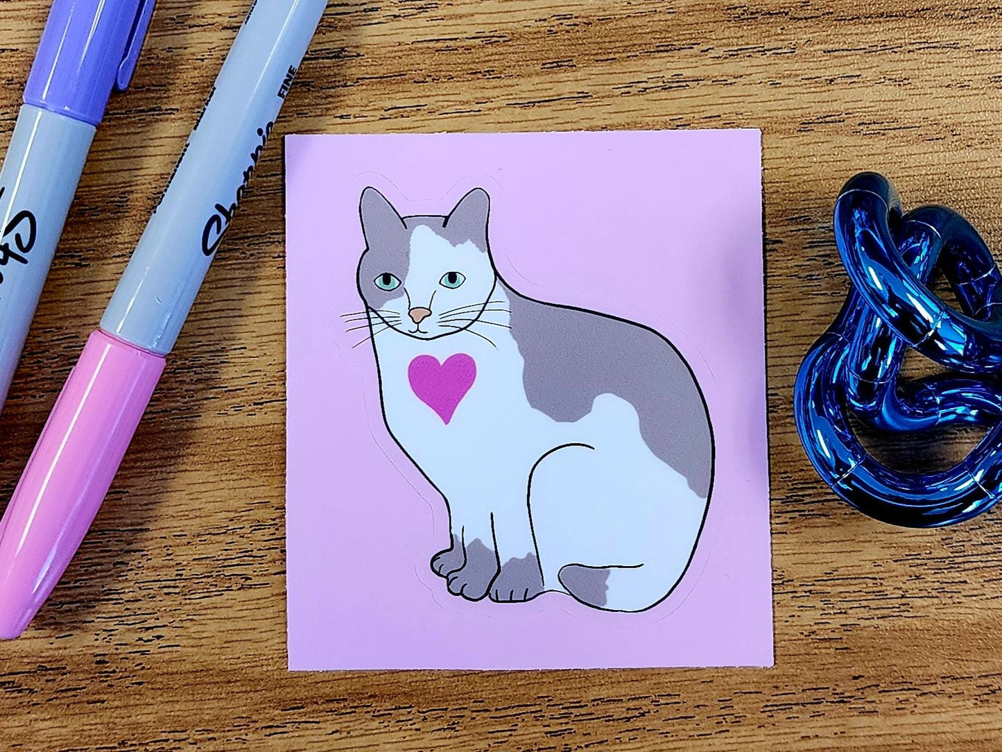 Sticker, Gray and White Cat With heart on Pink Border, Kiss-Cut, Vinyl, 3 Inch