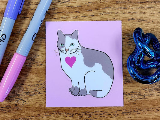Sticker, Gray and White Cat With heart on Pink Border, Kiss-Cut, Vinyl, 3 Inch