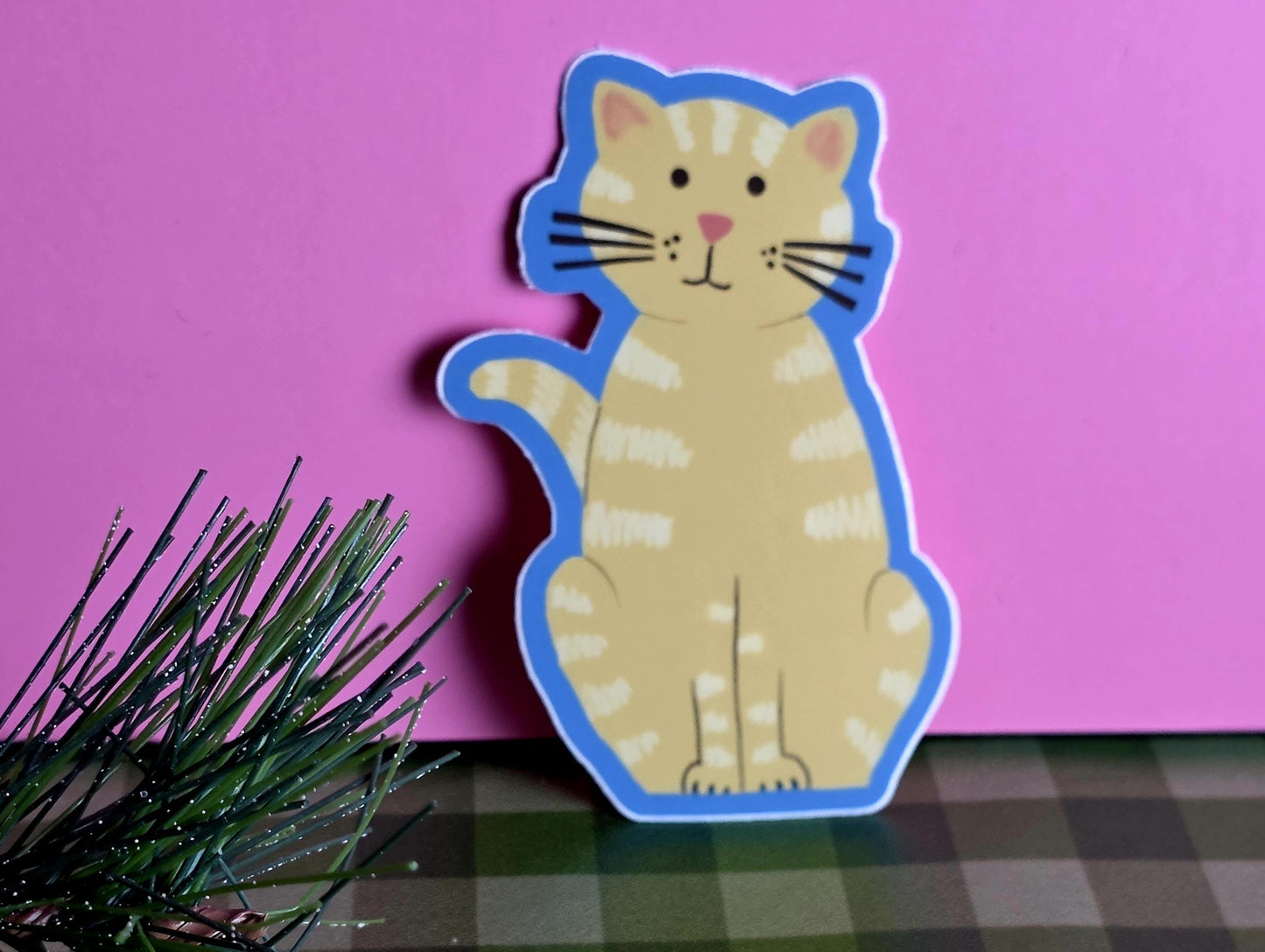 Sticker, Tan Tabby Cat With Blue Border, Vinyl, Die-Cut, 3 Inches