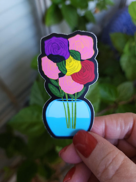 Sticker, Colorful flowers in Vase, Vinyl, Die-Cut, 3 Inch