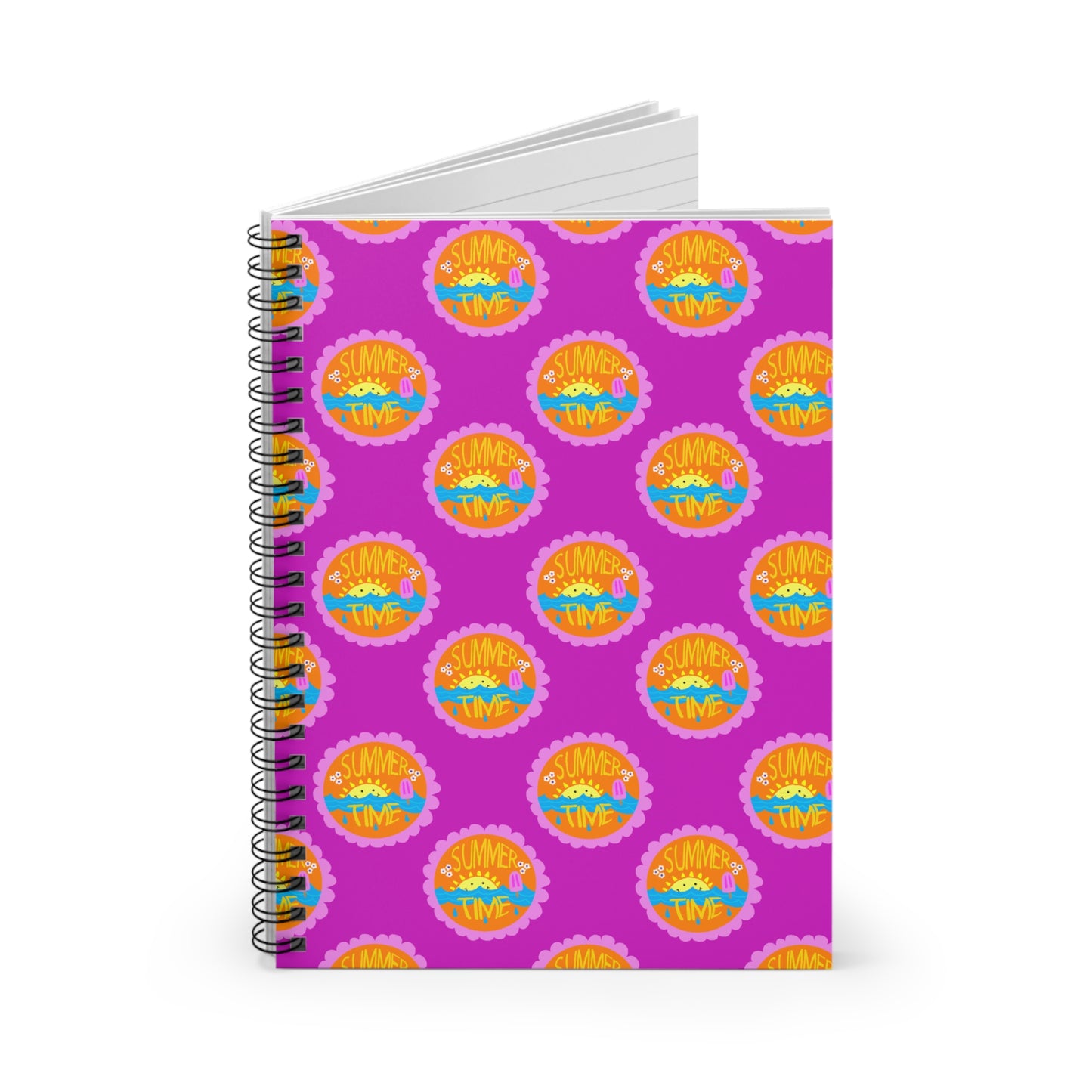Spiral Notebook, Bright Summer Sunshine Design on Pink, 6" x 8", Inside Pocket, Lined Pages