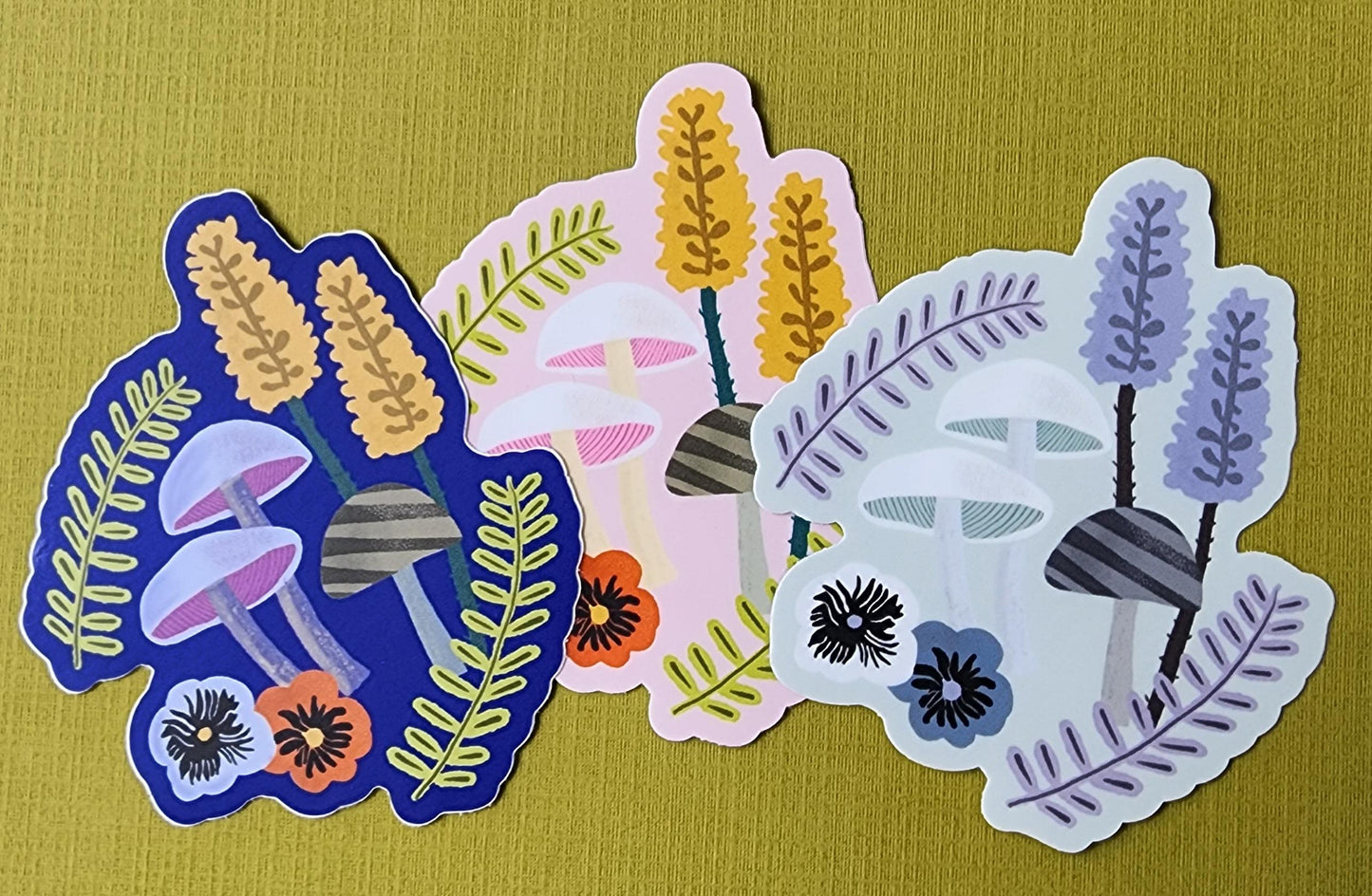 Sticker, Mushroom Garden Design, 3 Color Choices, Vinyl, Die-Cut, 3 Inch
