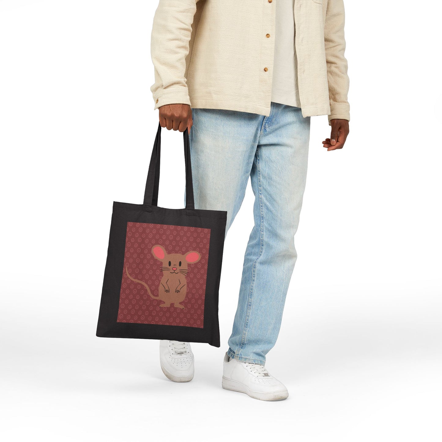 Tote Bag, Mocha Mouse Design, Cotton Canvas, Natural or Black, 15" x 16"