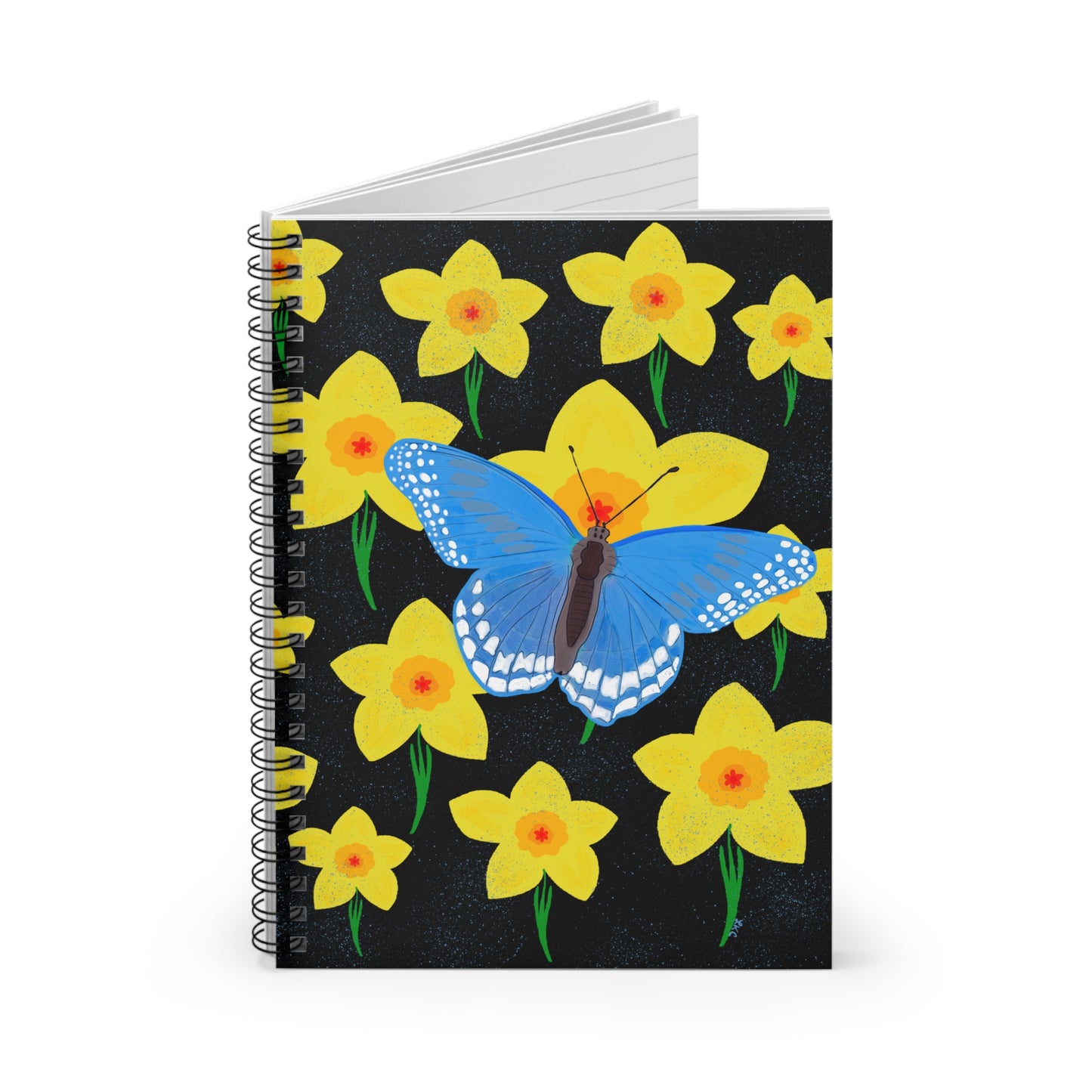 Spiral Notebook, Butterfly and Daffodil Design, 6" x 8", Inside Pocket, Lined Pages