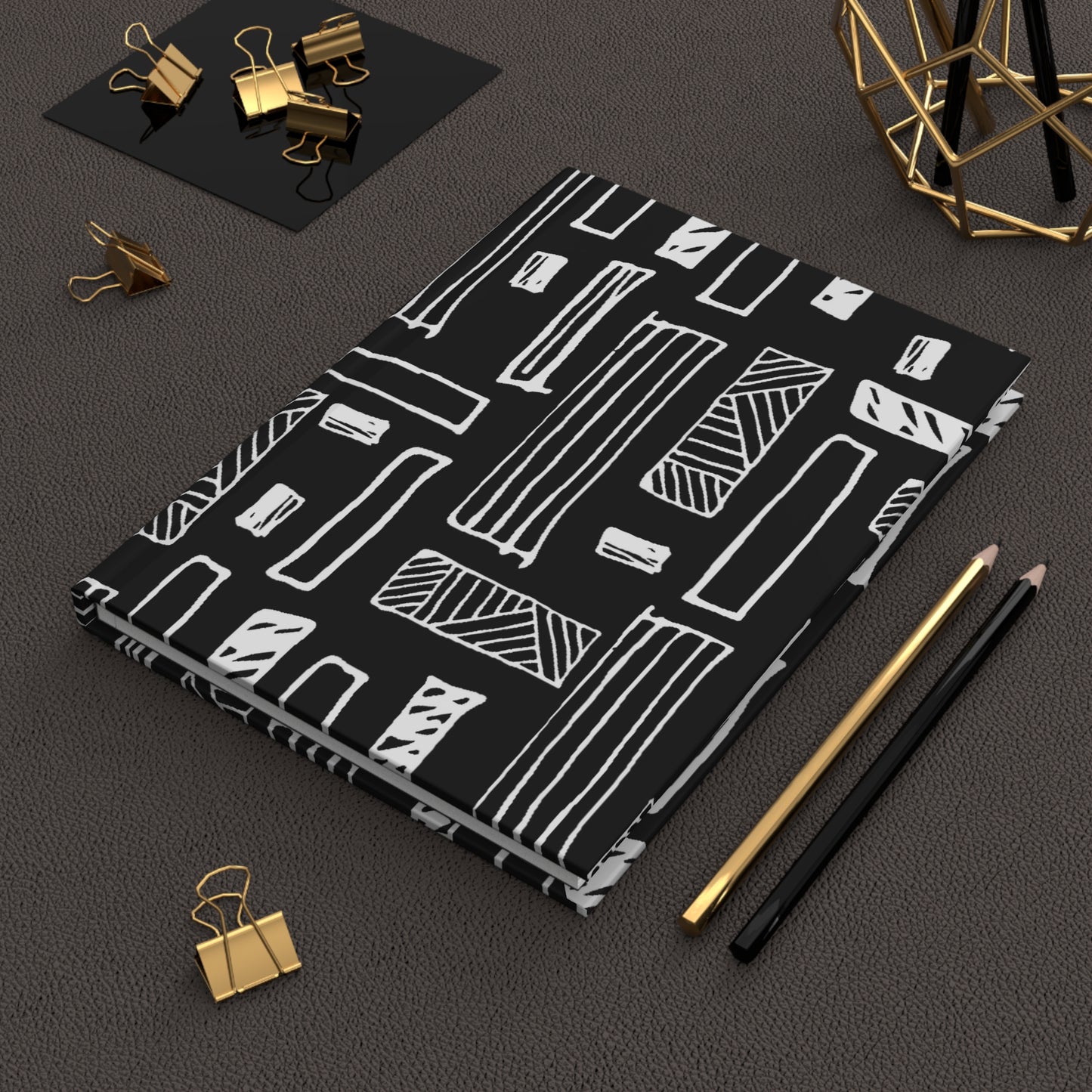 Journal, Hard Cover, Black and White Abstract Geometric Design