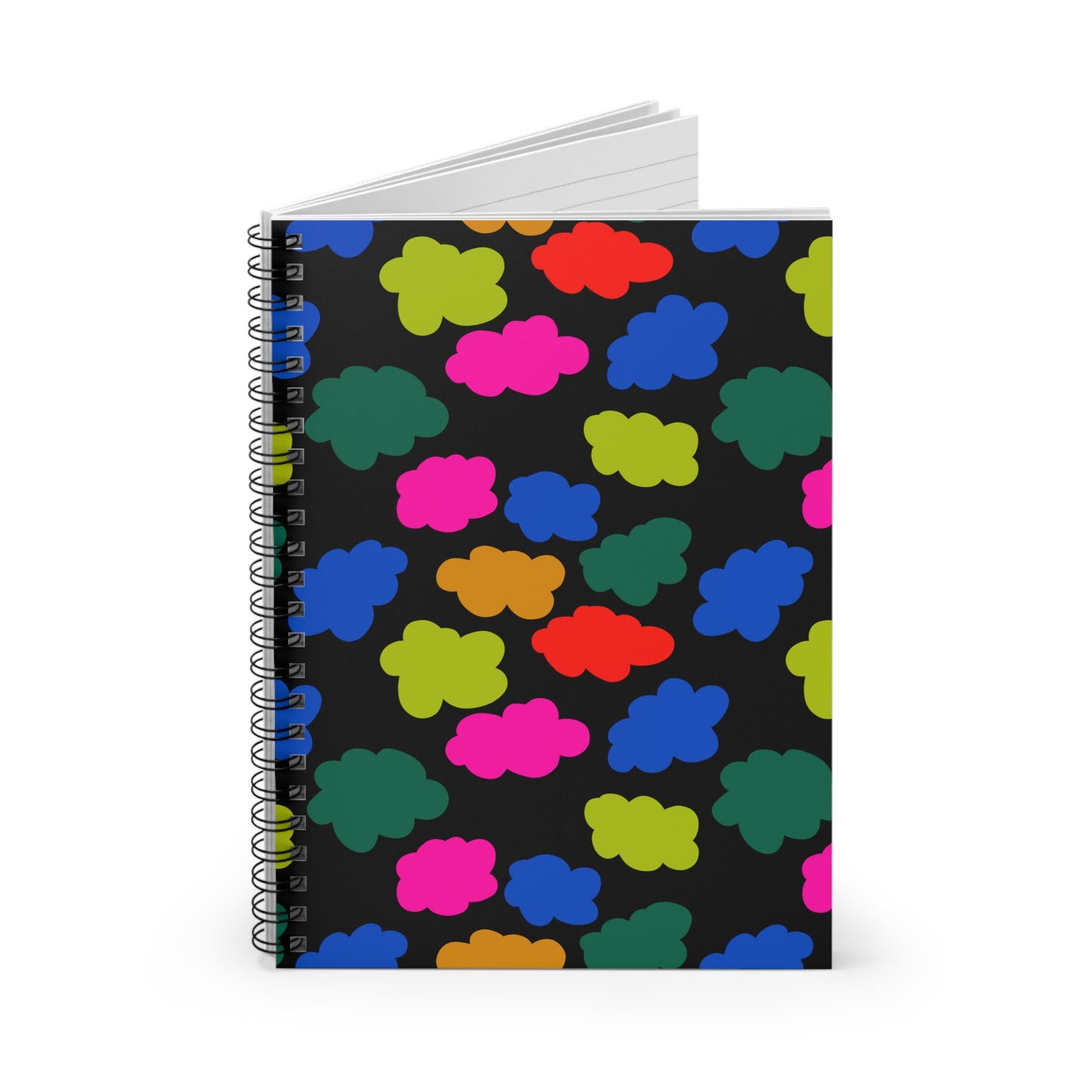Spiral Notebook, Colorful Clouds on Black Design, 6" x 8", Inside Pocket, Lined Paper