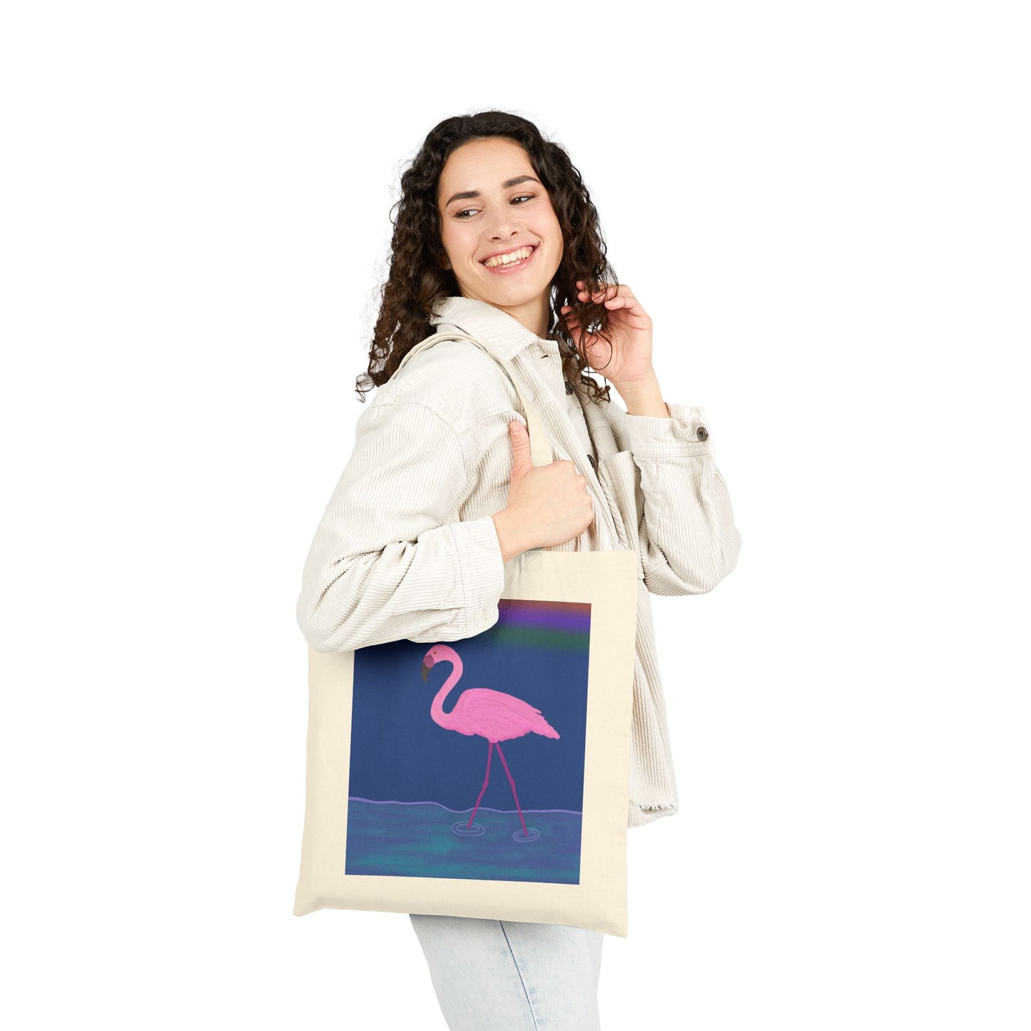 Tote Bag, Flamingo Design, Cotton Canvas, Black or Natural, 15" x 16"