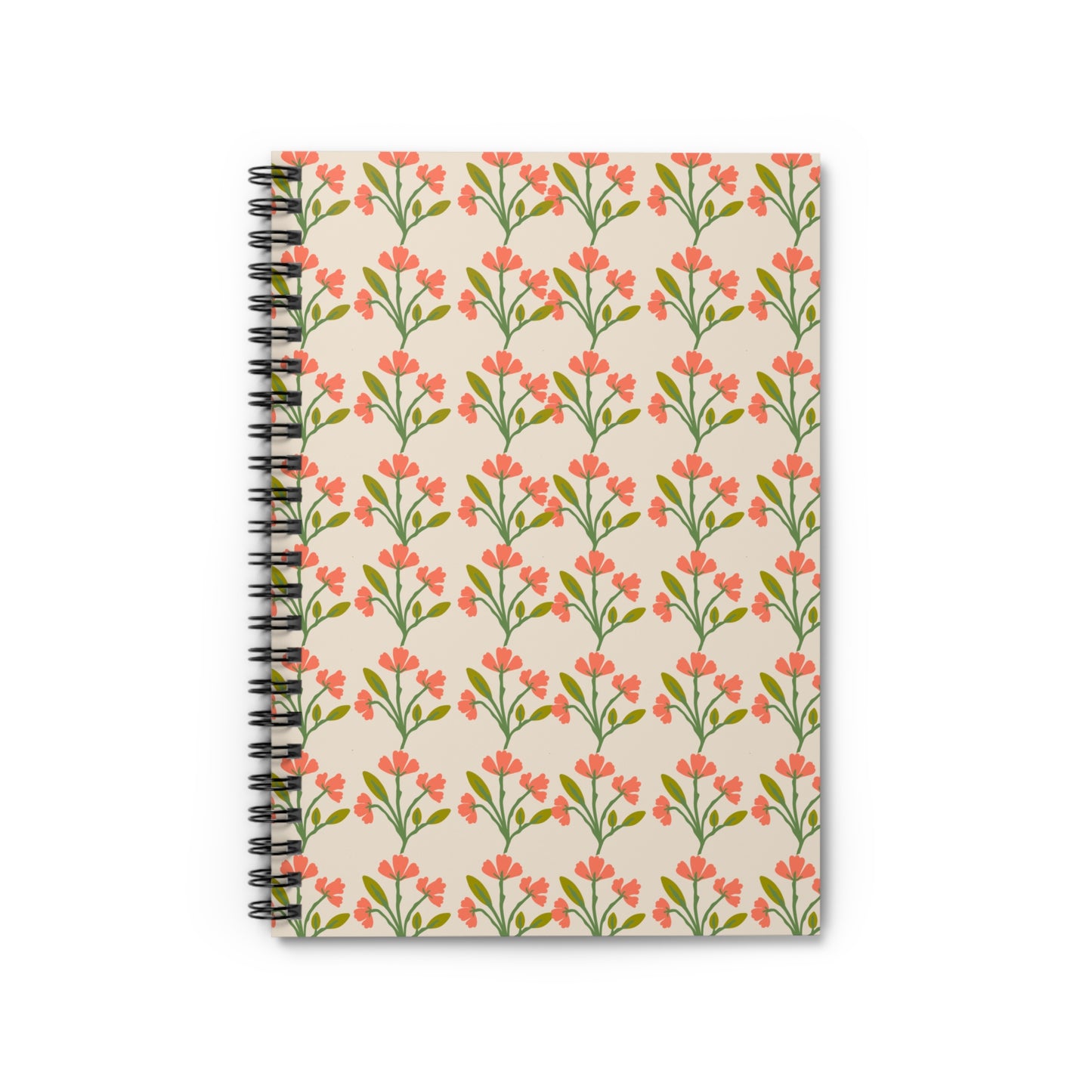 Spiral Notebook, Peachy Pink Floral Rows Design, 6" x 8", Inside Pocket, Lined Paper