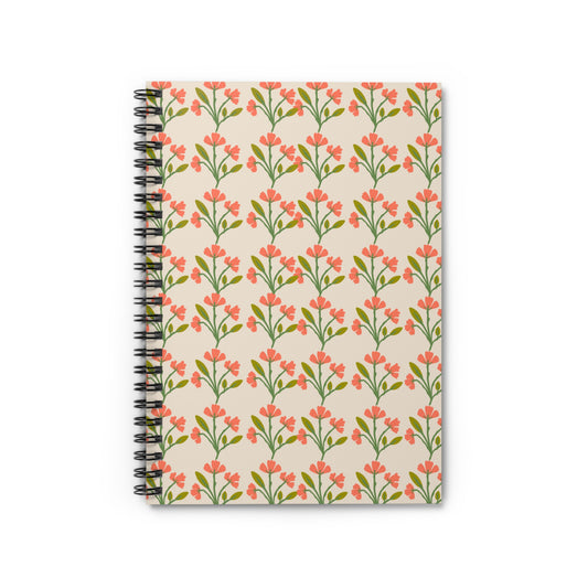 Spiral Notebook, Peachy Pink Floral Rows Design, 6" x 8", Inside Pocket, Lined Paper