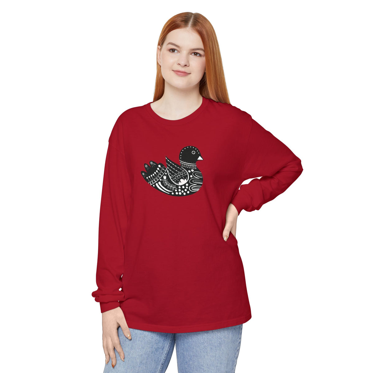 Folk Art Scandinavian Bird T Shirt, Long Sleeves