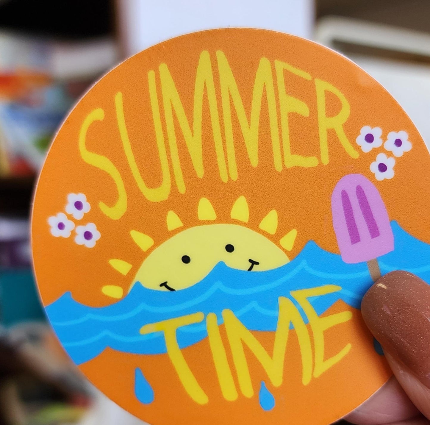 Sticker, Bright Summer Time Circle Sticker, Orange, Vinyl, 3 Inch