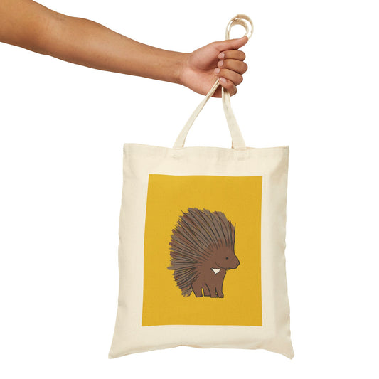 Tote Bag, Porcupine Design on Yellow, Cotton Canvas, Natural or Black, 15" x 16"