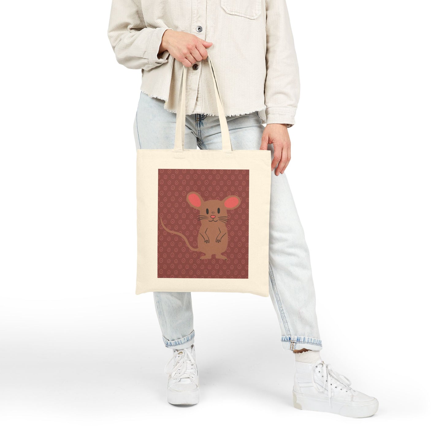 Tote Bag, Mocha Mouse Design, Cotton Canvas, Natural or Black, 15" x 16"