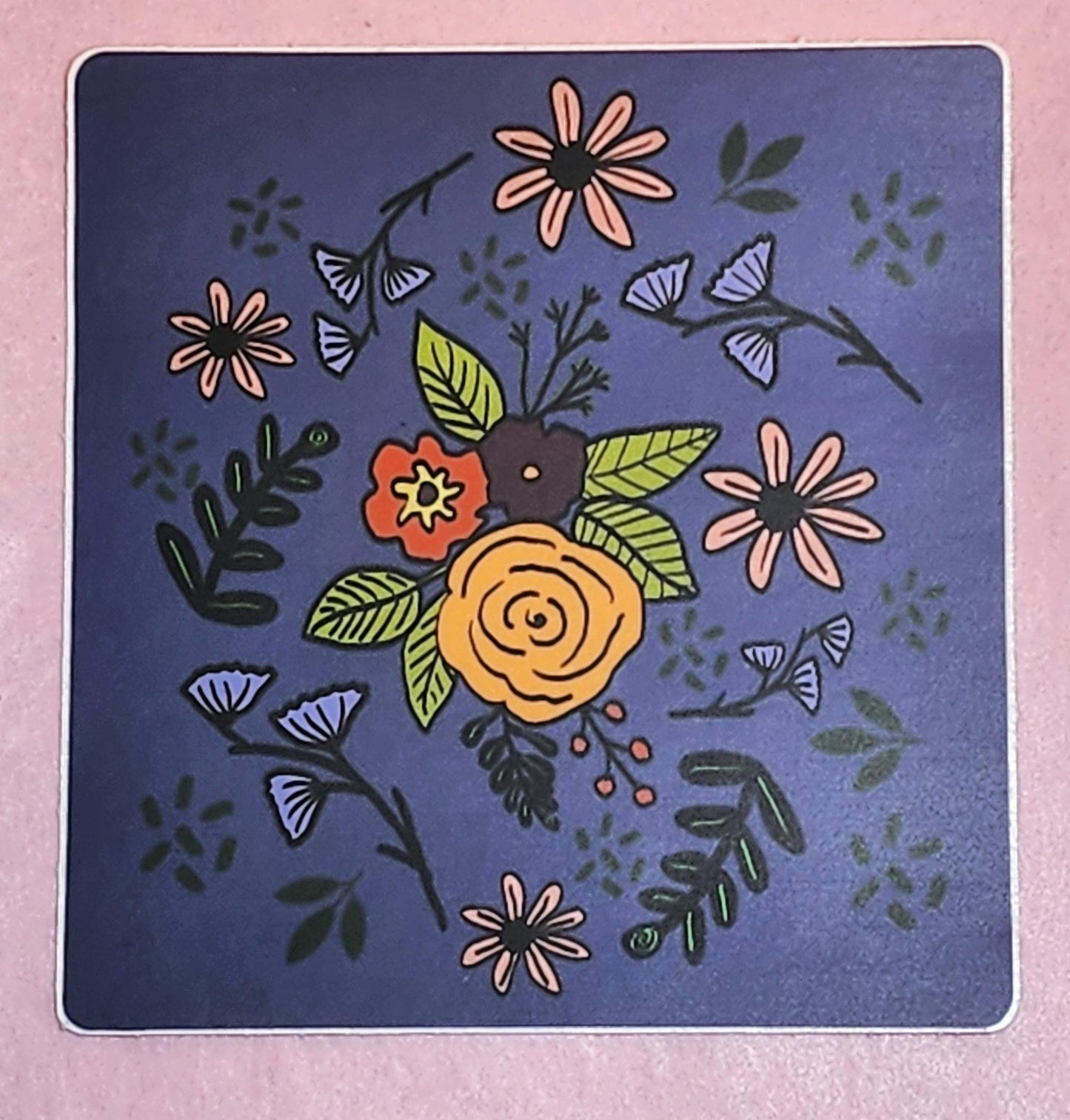 Sticker, Blue Floral, Vinyl, 3 Inch Square