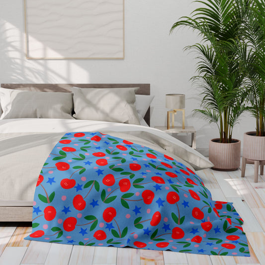 Blanket Fleece With Charming Cherry Design on Blue Background, 2 Sizes, Blanket or Throw