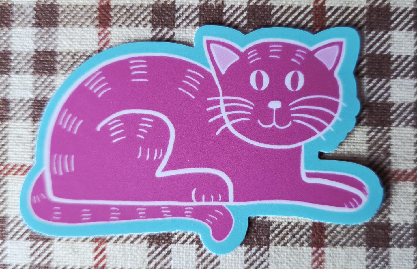 Sticker, Pink Cat on Blue Background, Vinyl, Die-Cut, 3 Inch
