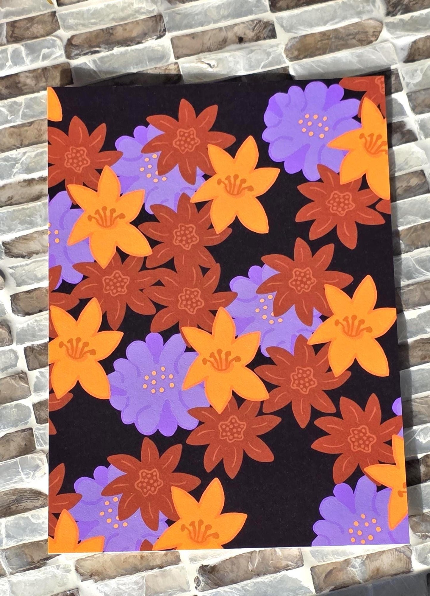 Note Cards, Purple Brown Golden Floral Design, Blank Back, 5: x 7"