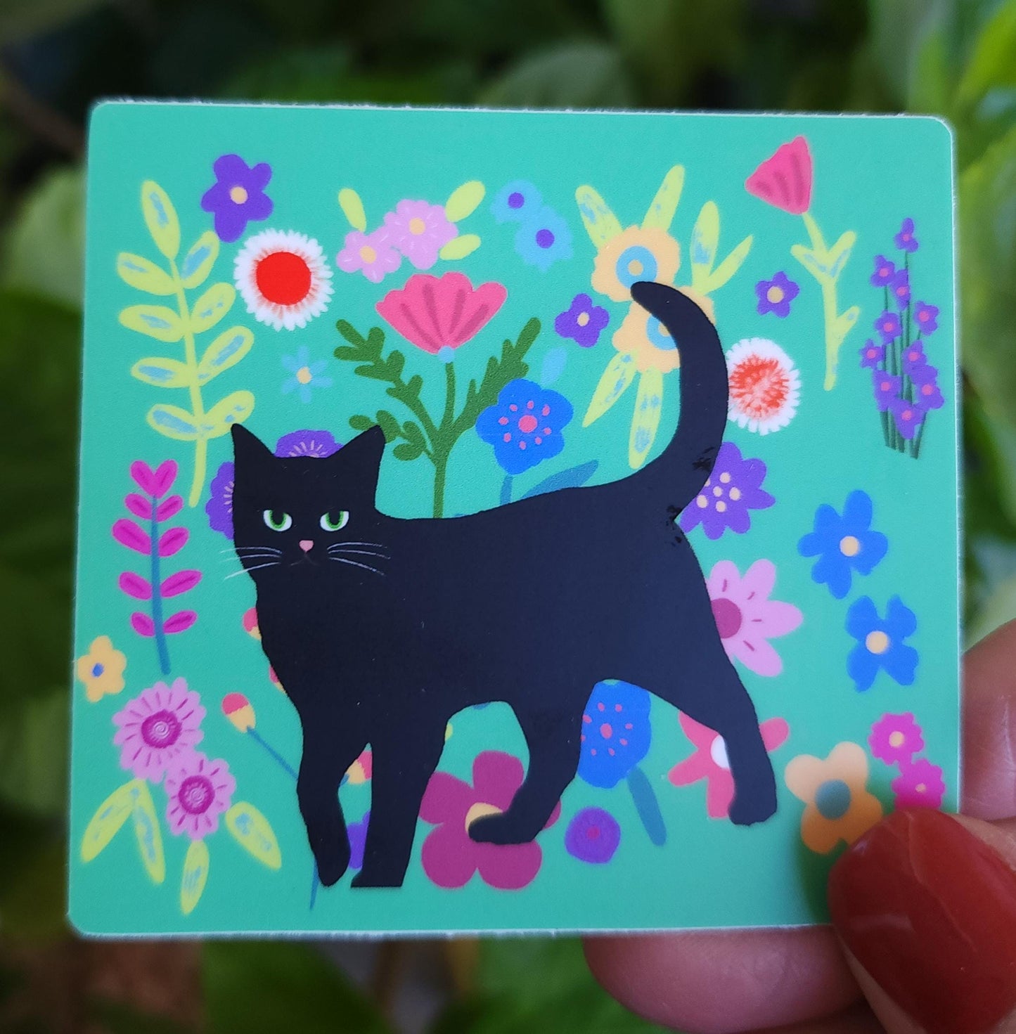Sticker, Black Cat on Floral or Bows, Vinyl, 3 Inch Square